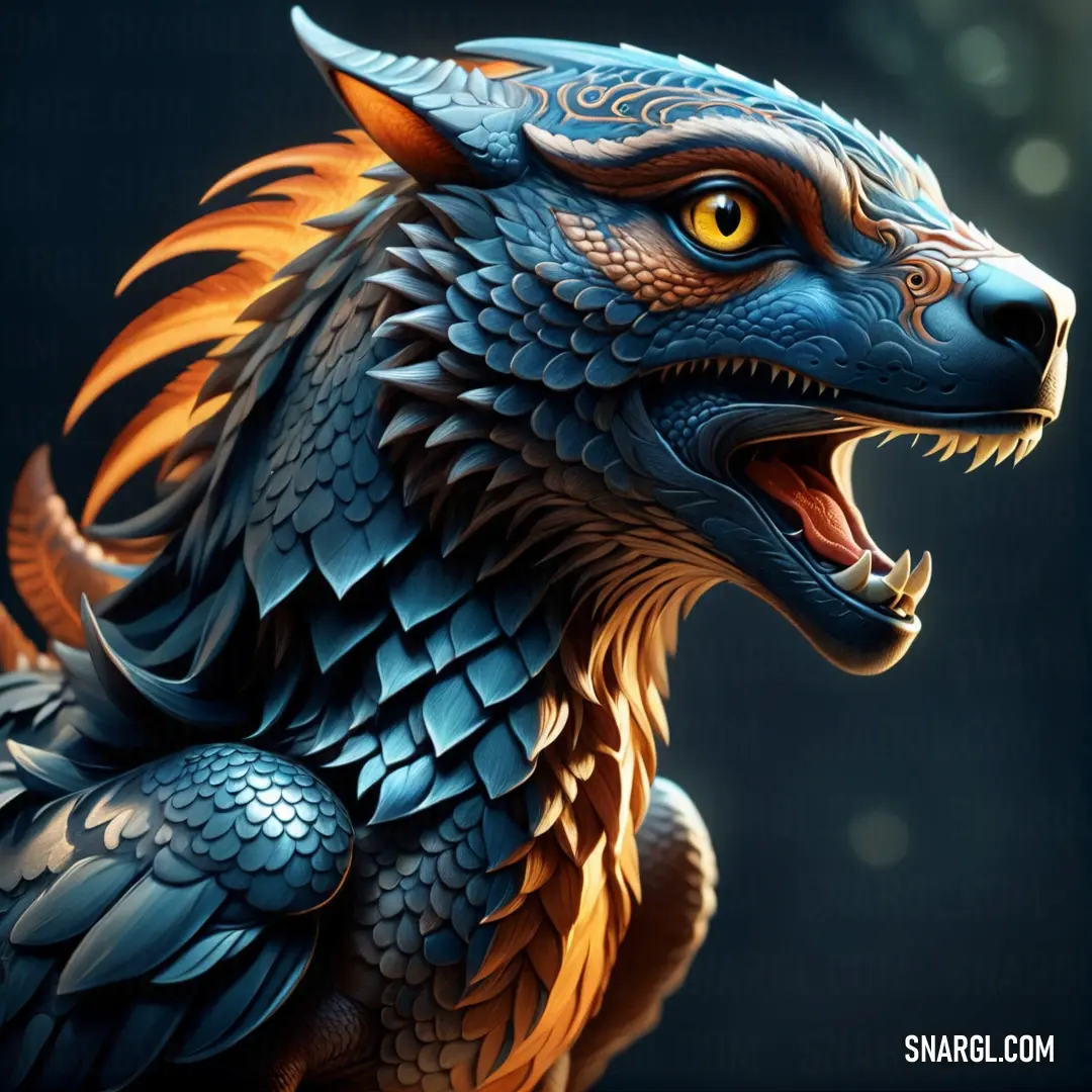 Blue dragon with orange eyes and a black background. Color #1C3A56.