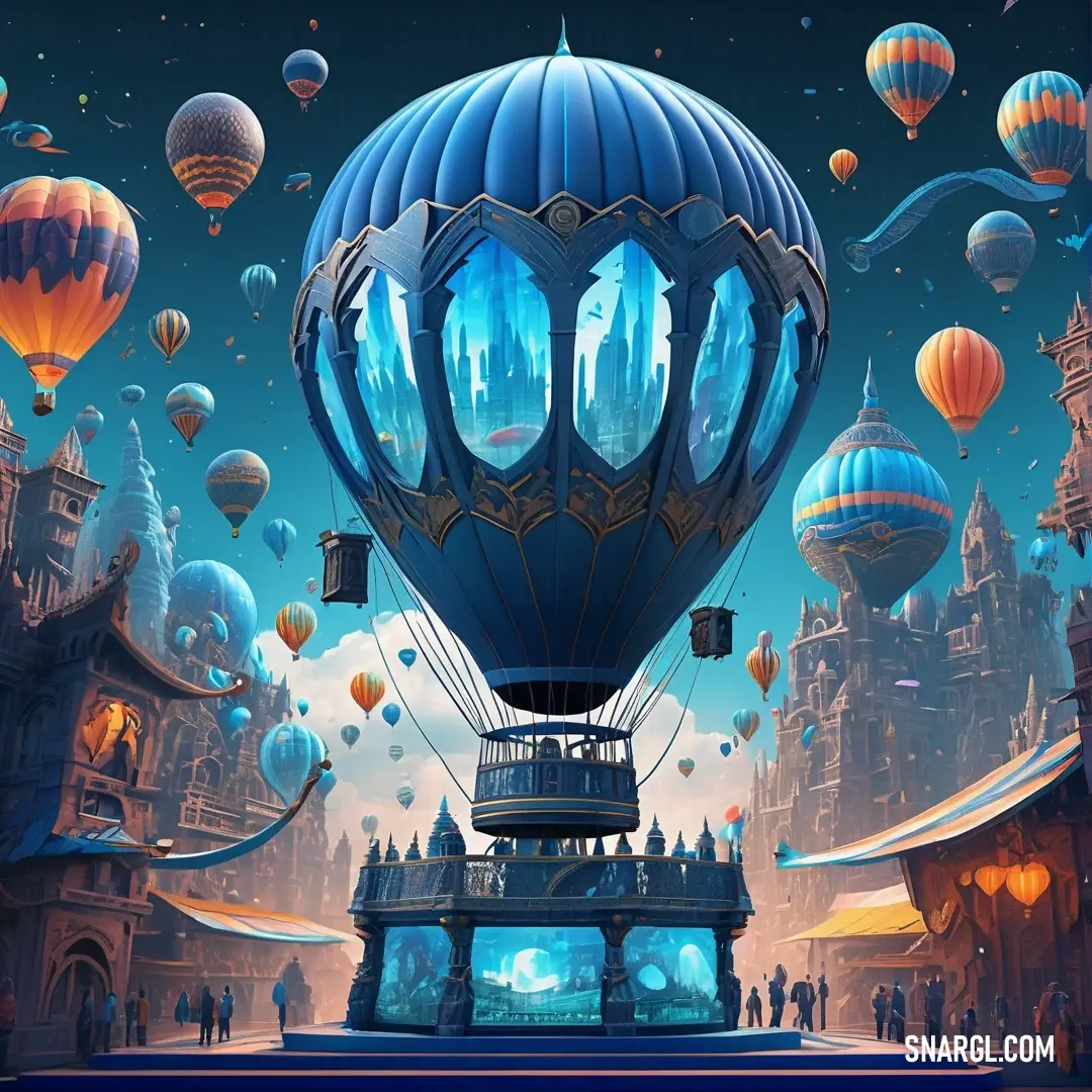 Painting of a hot air balloon flying over a city with lots of balloons in the sky above it. Color RGB 28,58,86.