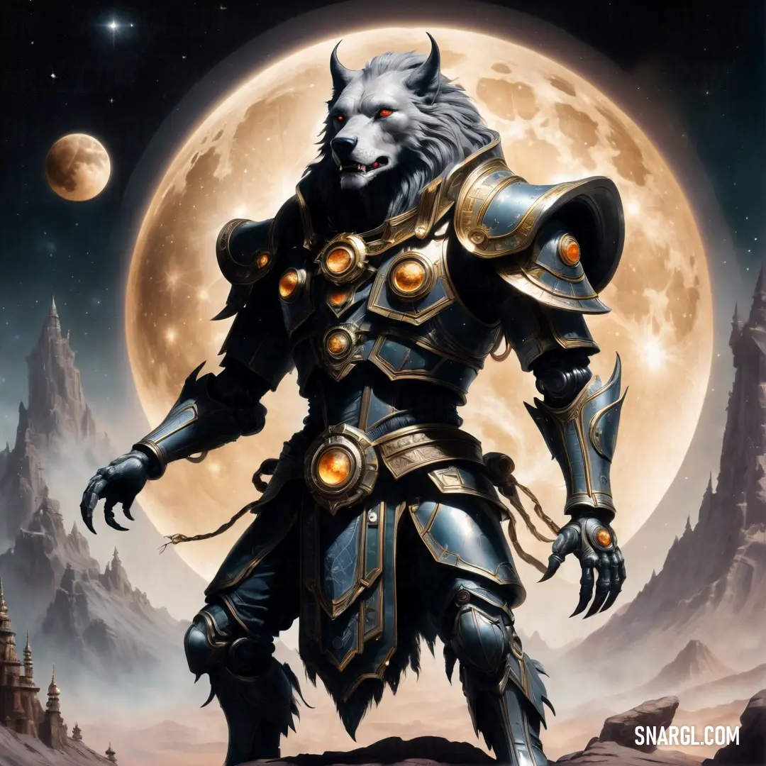 Wolf in armor standing in front of a full moon with a full moon behind it and a mountain range in the background