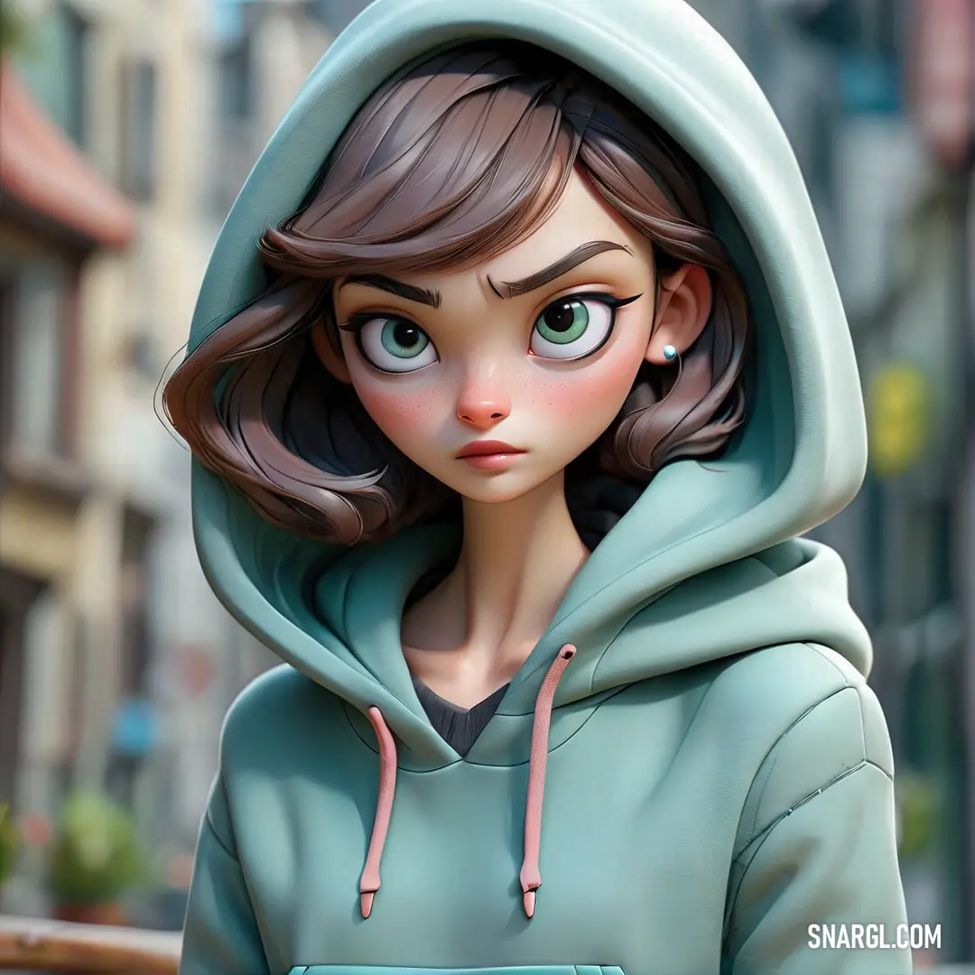 Cartoon girl with a hoodie on and a green sweatshirt on. Color PANTONE 7464.