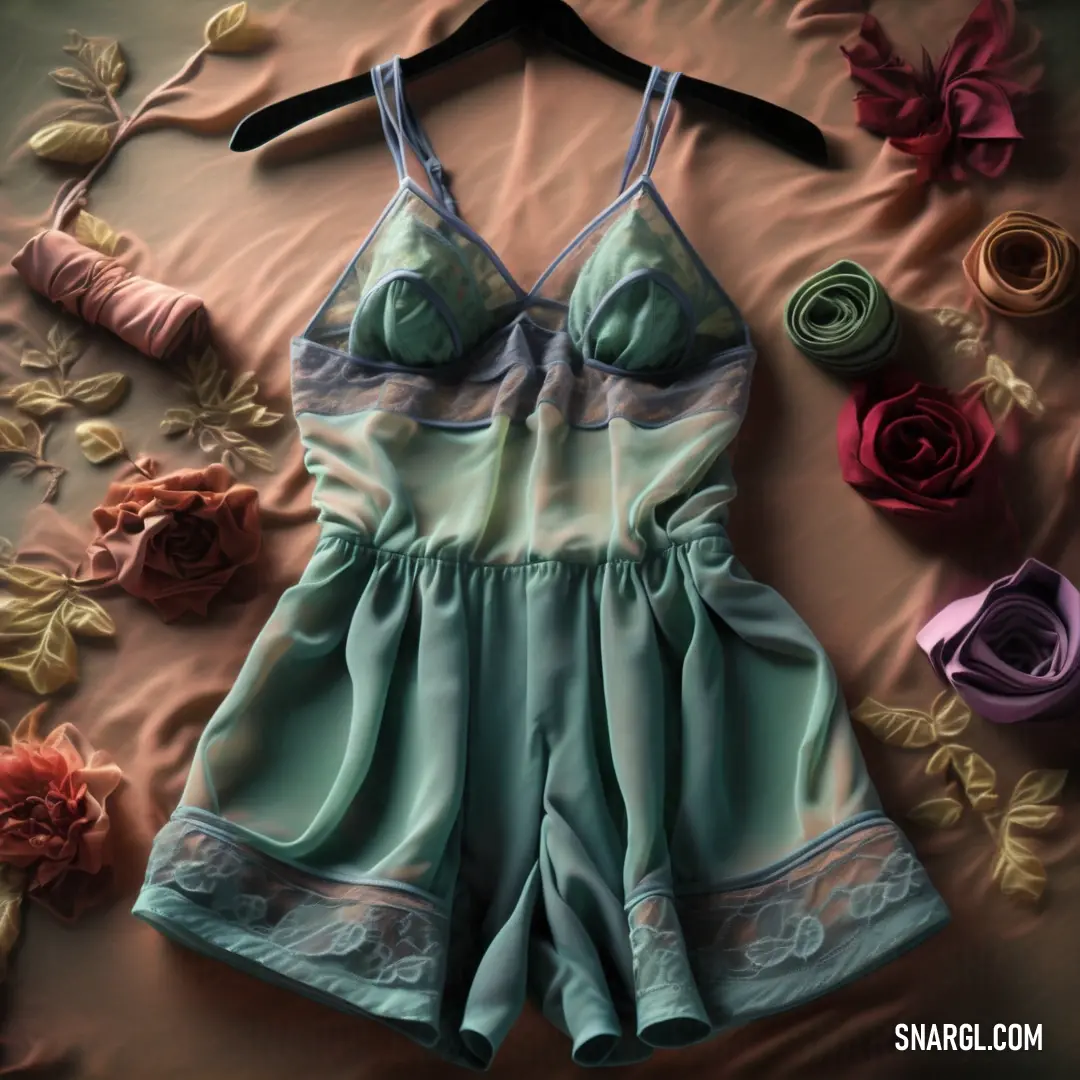 Dress and a pair of scissors on a bed of flowers and ribbons. Color #ADD6CF.