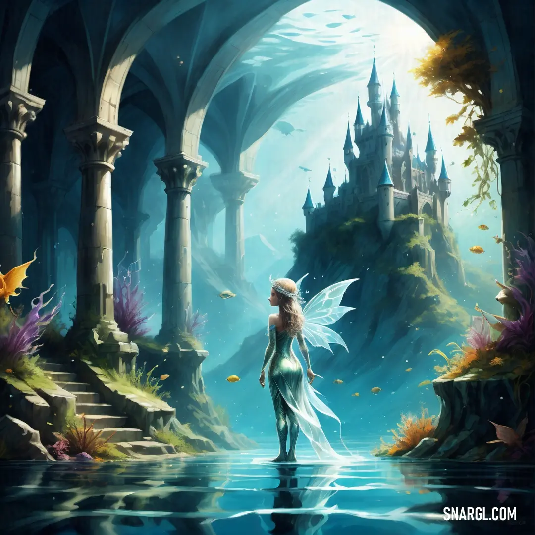 Fairy standing in a lake surrounded by columns and trees with a castle in the background and a waterfall. Color PANTONE 7465.