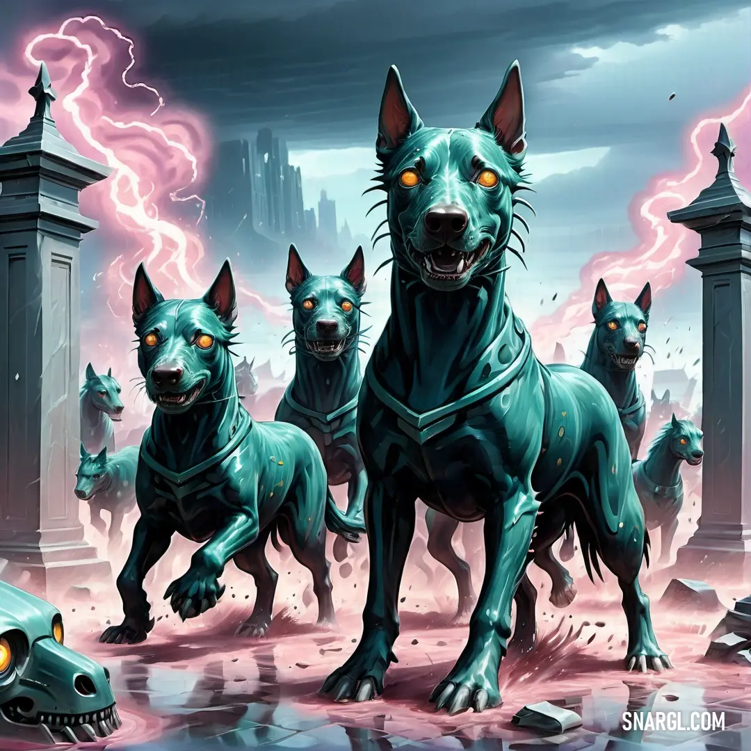 Group of dogs with glowing eyes standing in front of a statue of a demon with a demon's head. Example of #76C2B1 color.