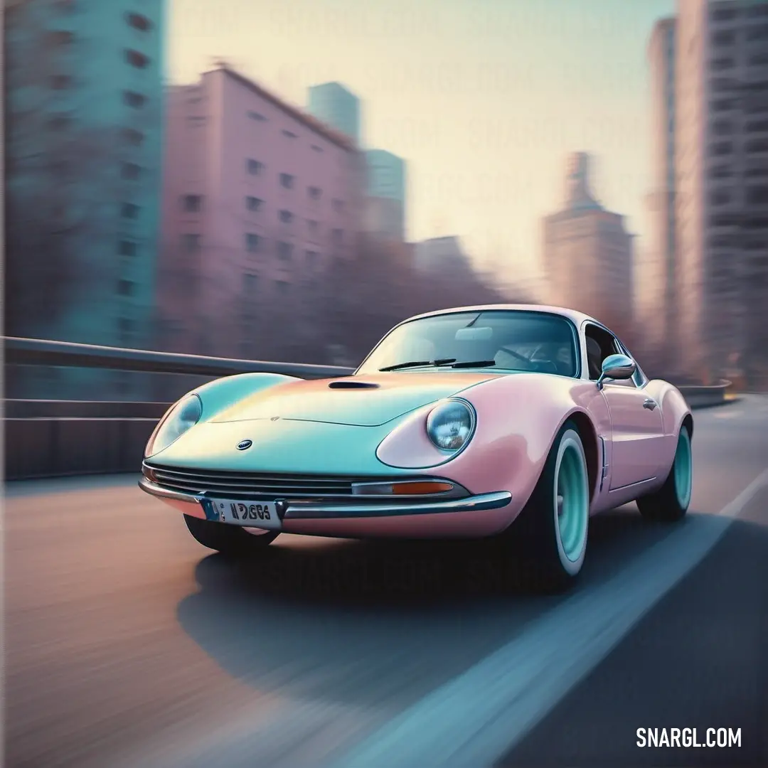Pink and blue sports car driving down a street in a city with tall buildings in the background and a blurry image of the front of the car