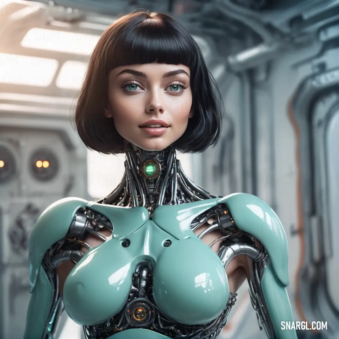 Woman in a futuristic suit with a futuristic body and a futuristic helmet on her head and chest. Example of #76C2B1 color.