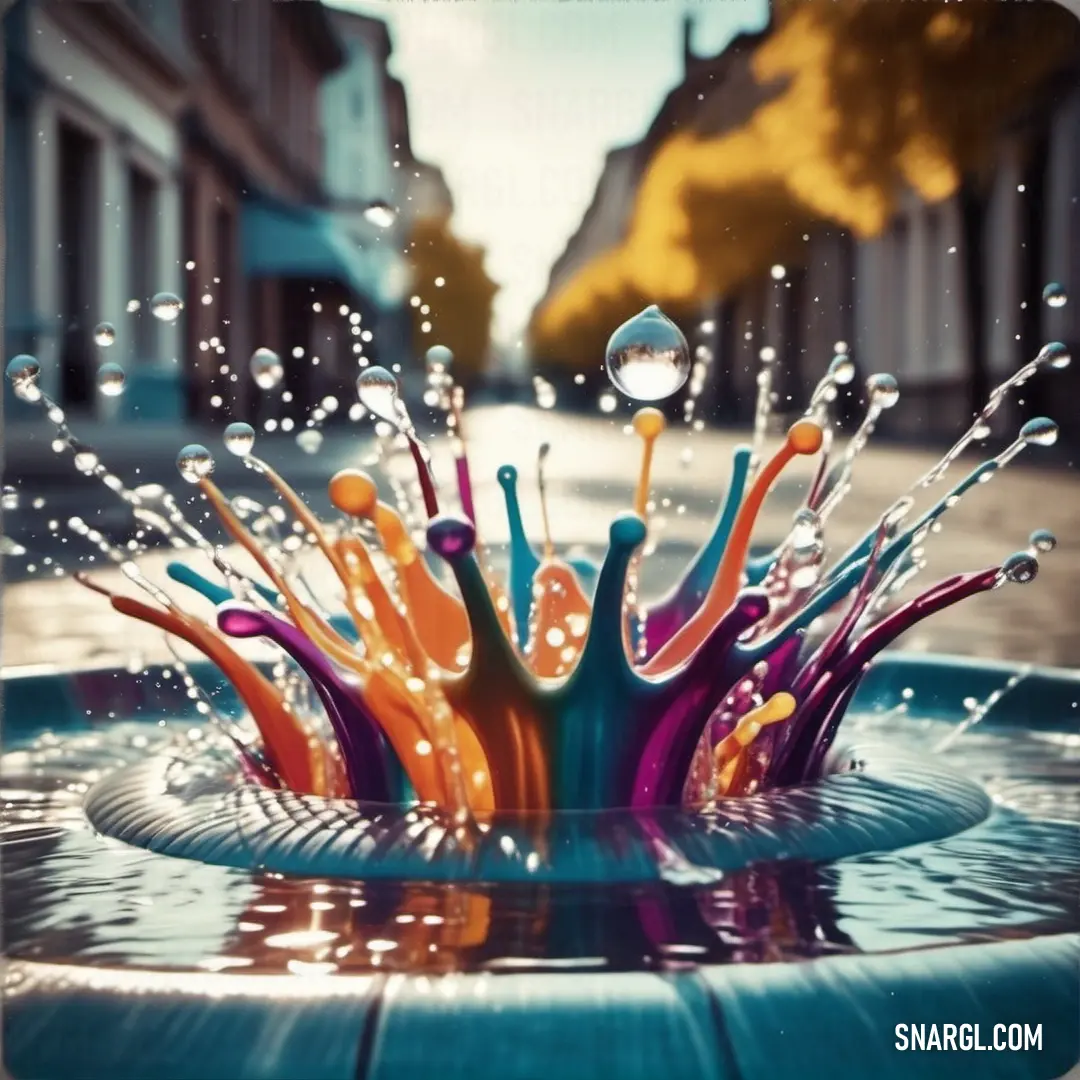 Colorful splash of water on a fountain in a city square with buildings in the background. Color RGB 0,97,135.