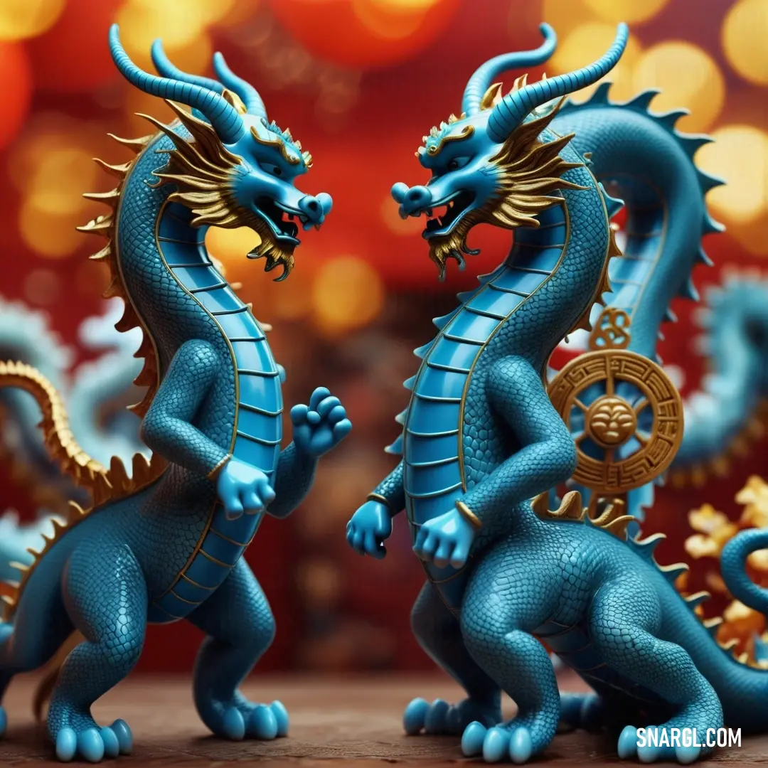 Two blue dragon figurines are standing next to each other on a table with lights in the background. Color #006187.