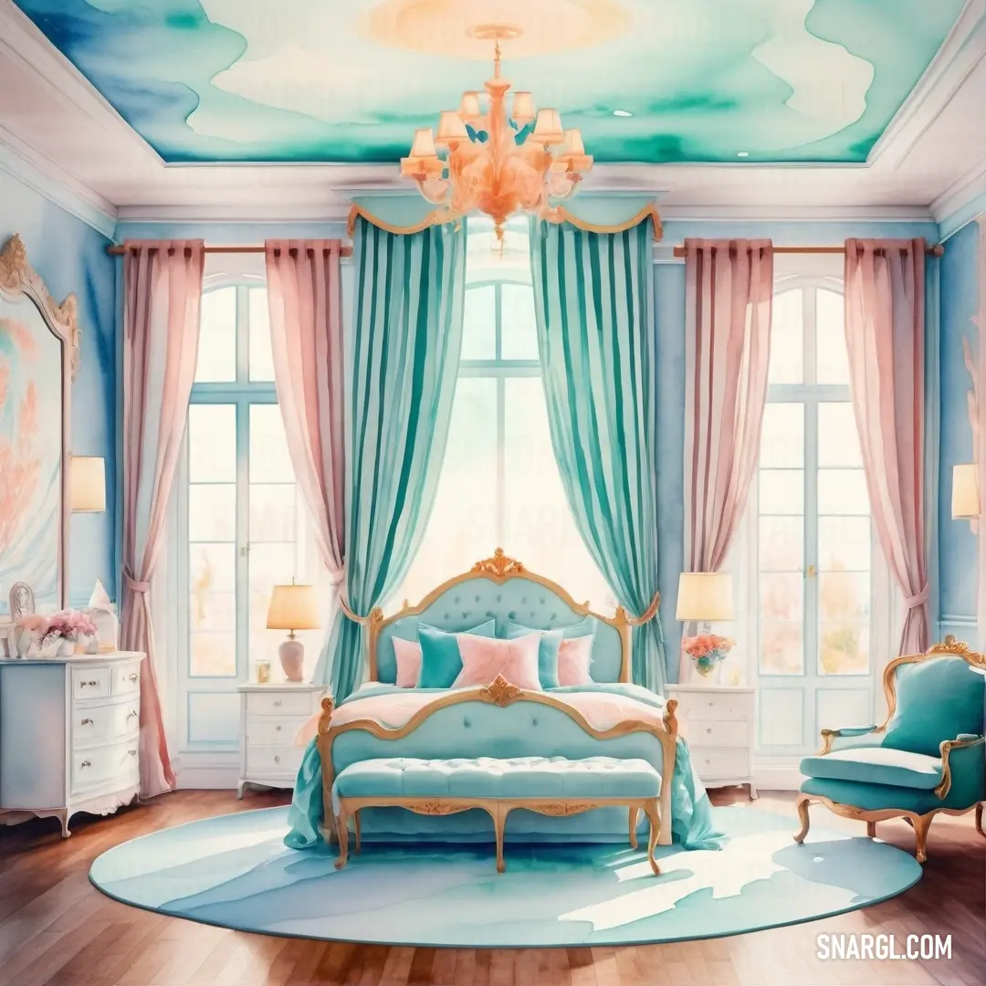 Bedroom with a blue and pink theme and a chandelier hanging from the ceiling and a bed in the middle. Example of RGB 121,194,190 color.