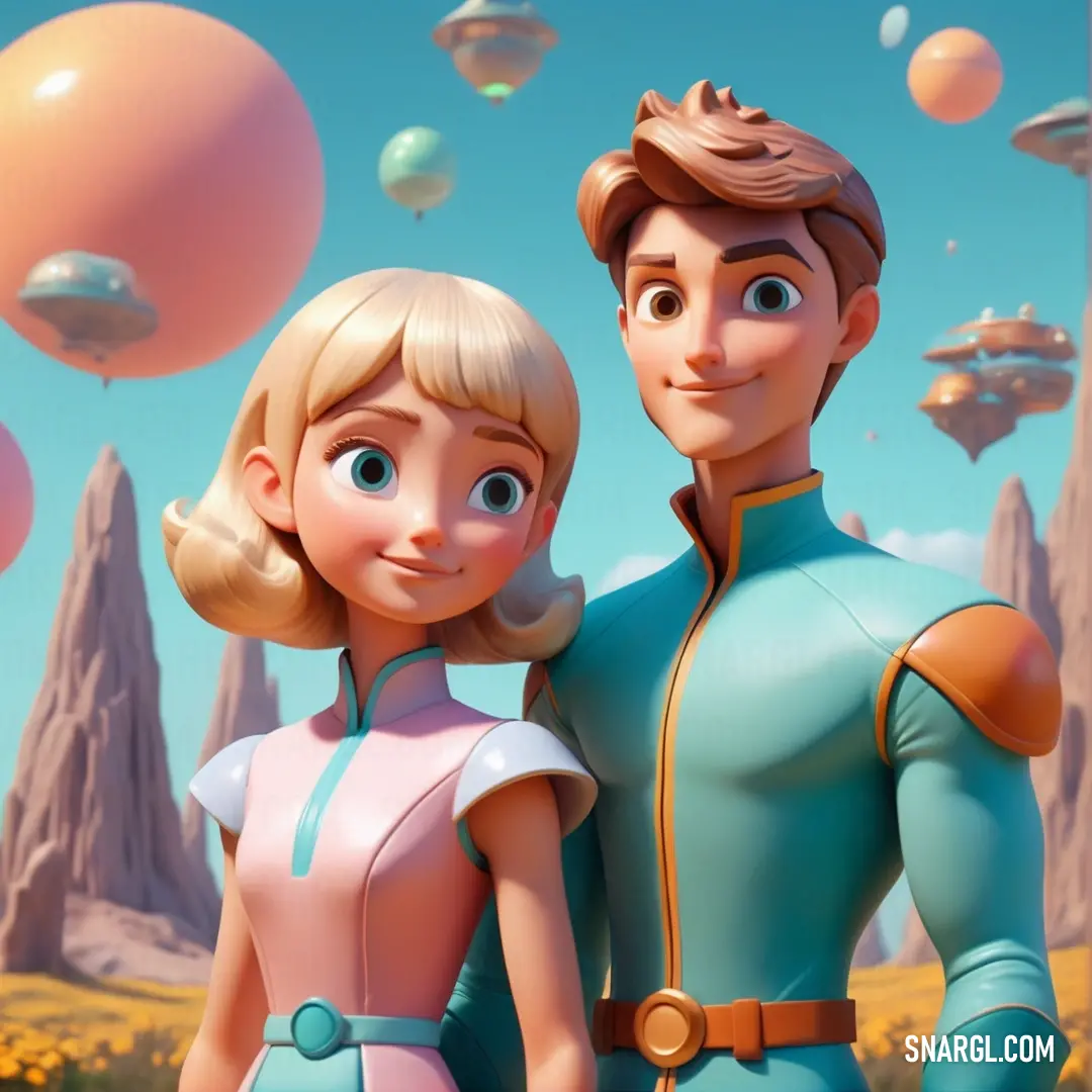 What color is RGB 121,194,190? Example - Cartoon character and a woman standing in front of a field of balloons and planets with a sky background