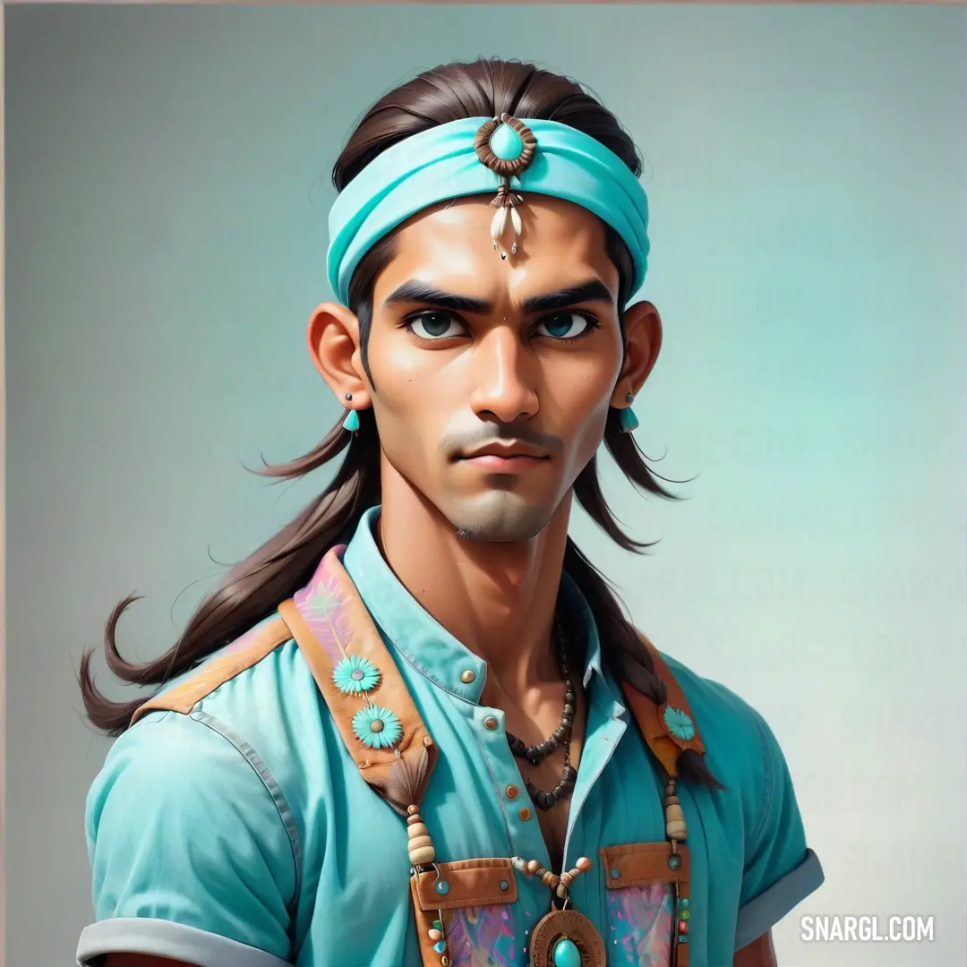 Man with long hair wearing a blue shirt and a headband with a turquoise top and a turquoise shirt. Example of CMYK 54,0,27,0 color.
