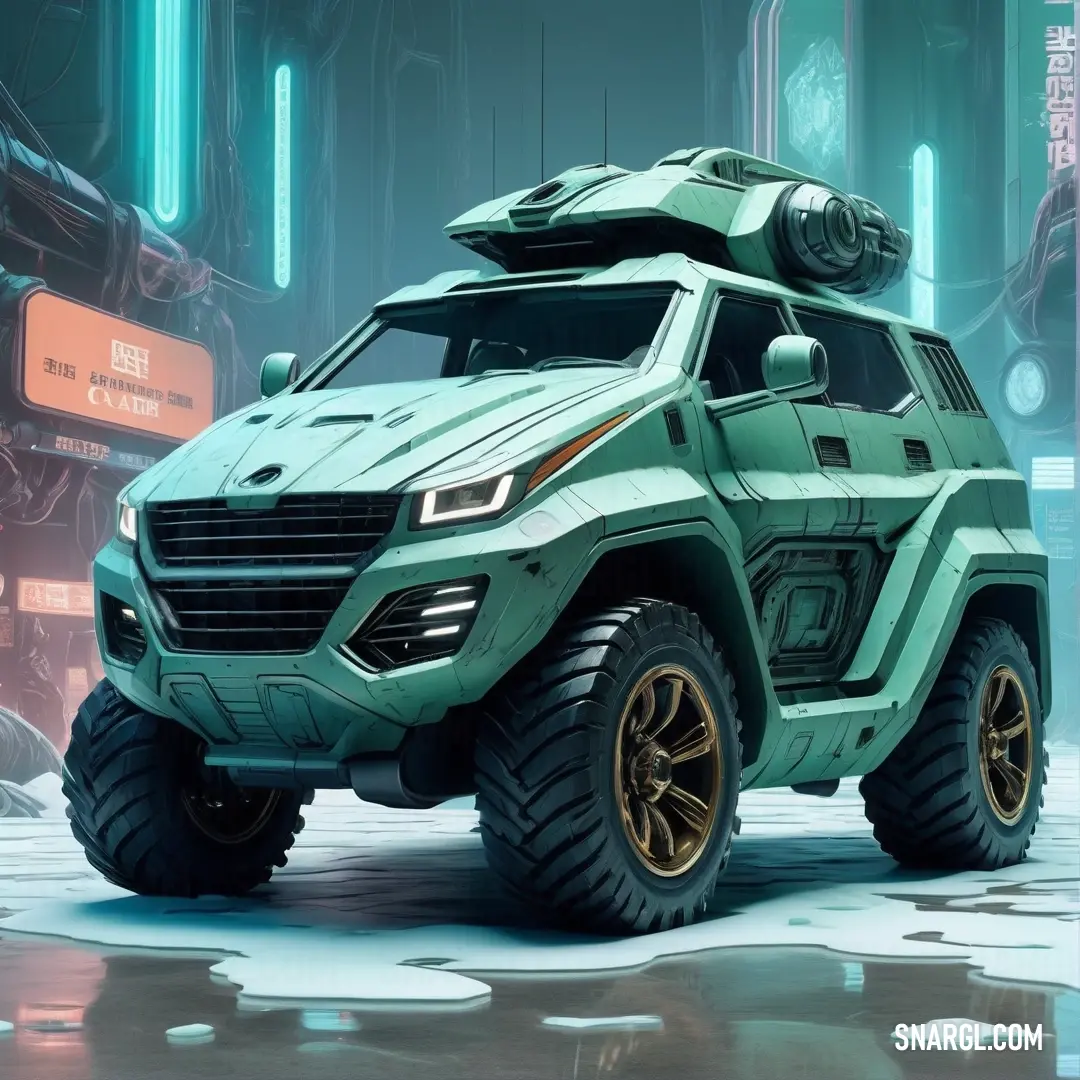 Green vehicle with a large tire on a city street with neon lights in the background. Color PANTONE 7473.
