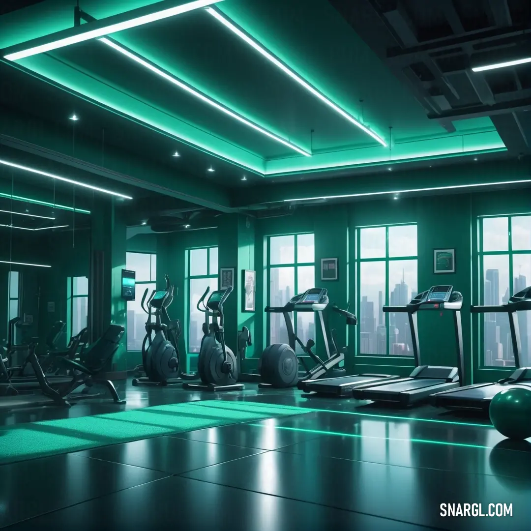 Gym with a lot of exercise equipment in it's center area and a view of the city. Color CMYK 75,5,48,3.