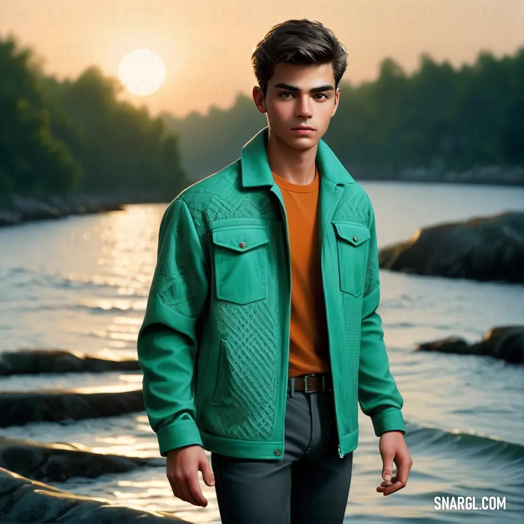 Man in a green jacket standing by the water at sunset or sunrise time. Example of PANTONE 7473 color.