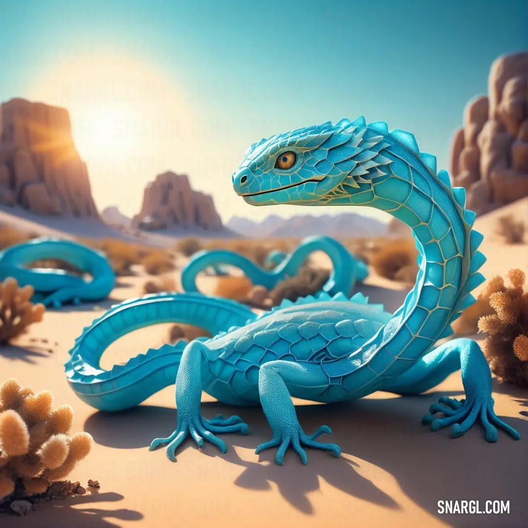 What color is #007B8C? Example - Blue lizard on top of a sandy beach next to a mountain range with a sun in the background