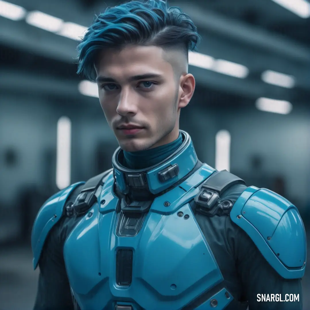 Man in a futuristic suit with a mohawk and a mohawk undercut looks at the camera in a large room. Example of PANTONE 7474 color.