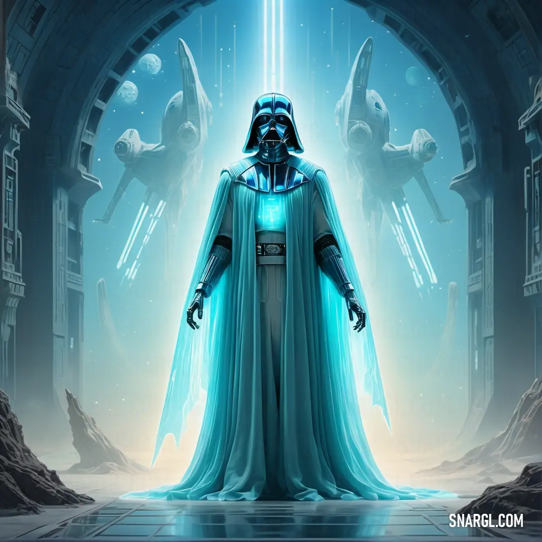 Star wars cosplay character standing in a doorway with a light saber in his hand and a blue cape on. Example of #007B8C color.