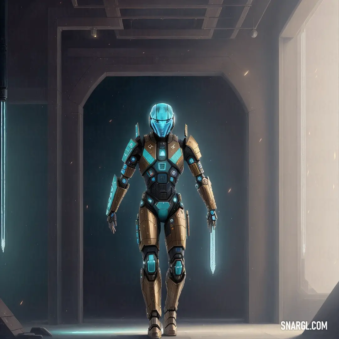 Sci - fil character in a futuristic space station corridor with a blue light coming from the ceiling. Color #4B8388.