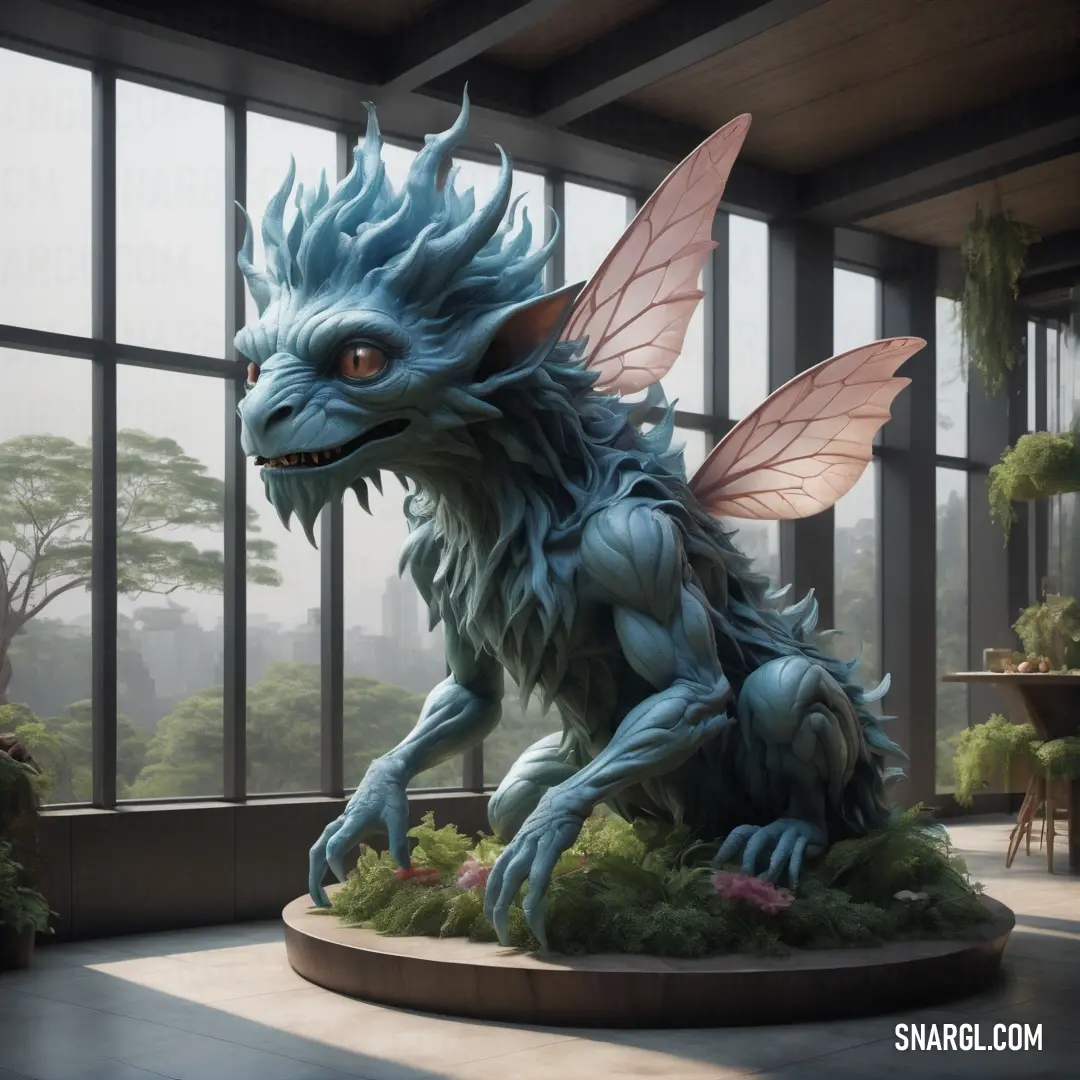 Statue of a blue dragon in a room with large windows and a view of a city outside the window. Example of PANTONE 7475 color.