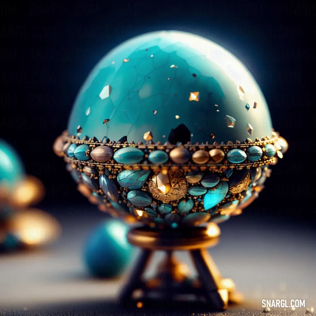 Blue egg with gold decorations on it on a table next to other blue eggs and a black background. Example of PANTONE 7476 color.