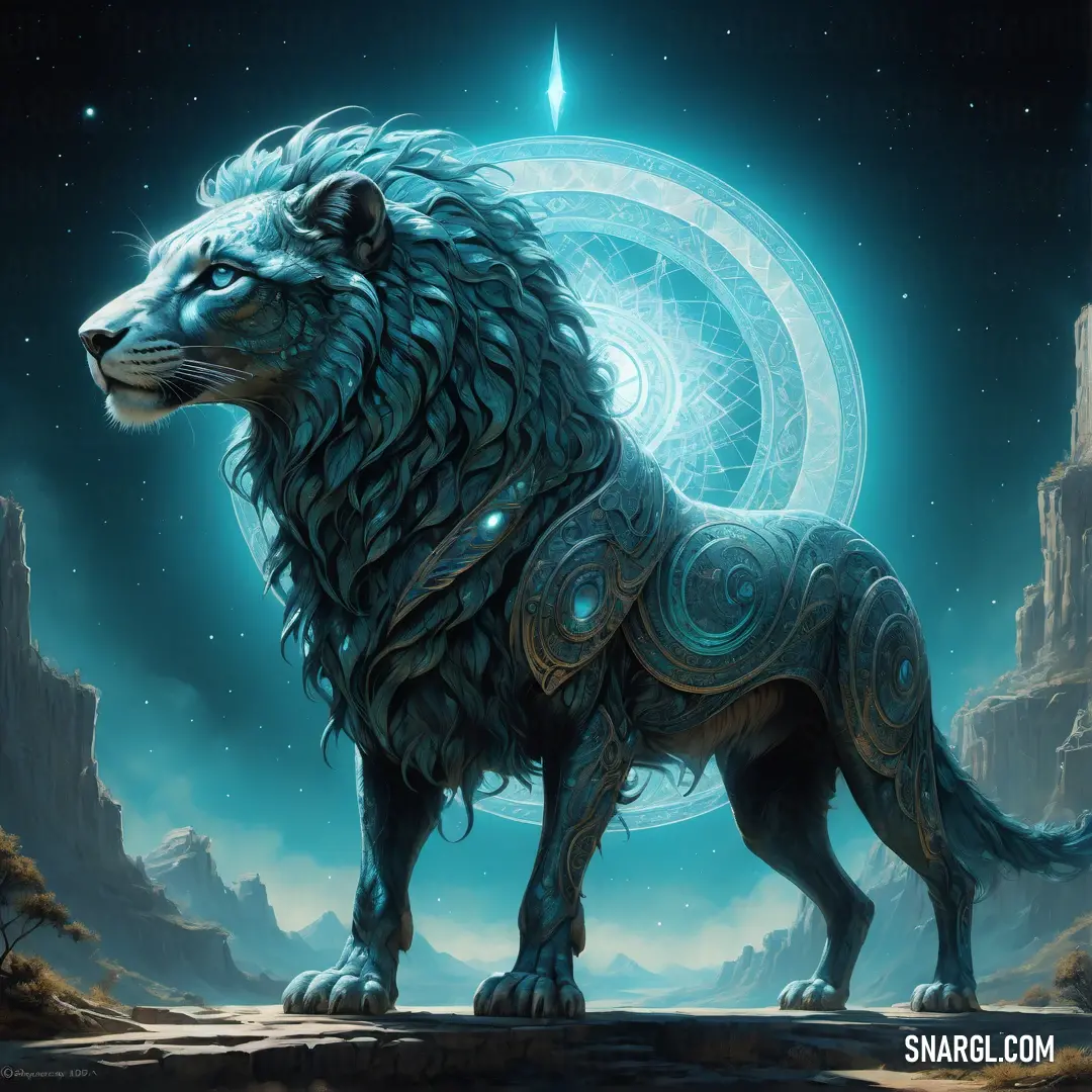 Lion standing in front of a moon and a mountain landscape with a crescent in the background and a star in the sky