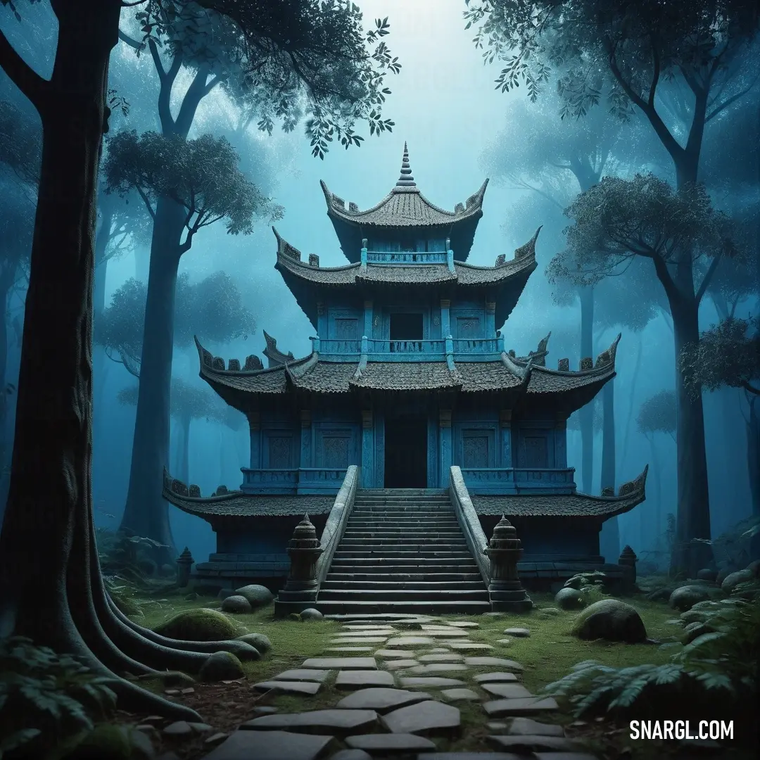 Pagoda in a forest with steps leading up to it and a stone walkway leading up to it. Example of PANTONE 7476 color.