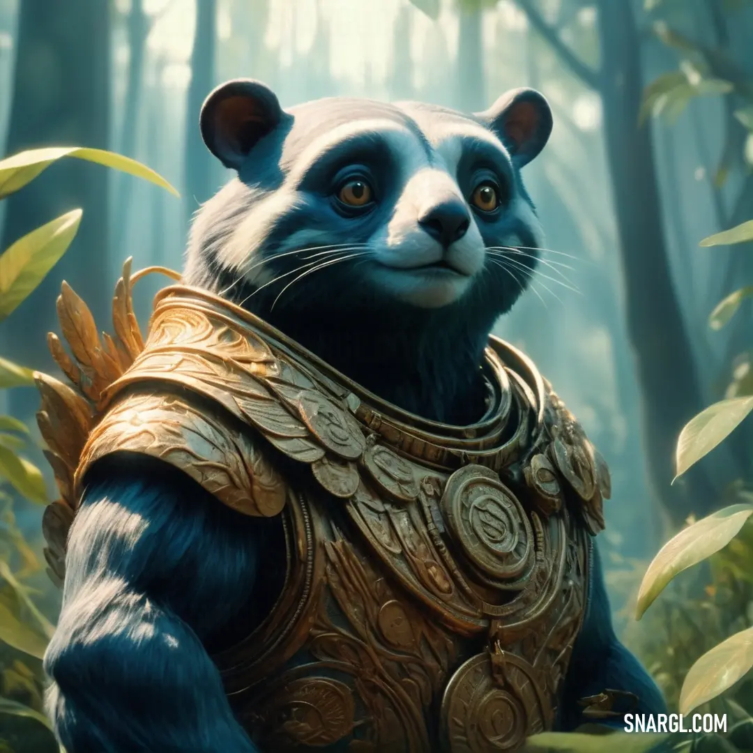 Panda bear dressed in armor in a forest with trees and leaves in the background. Example of PANTONE 7476 color.