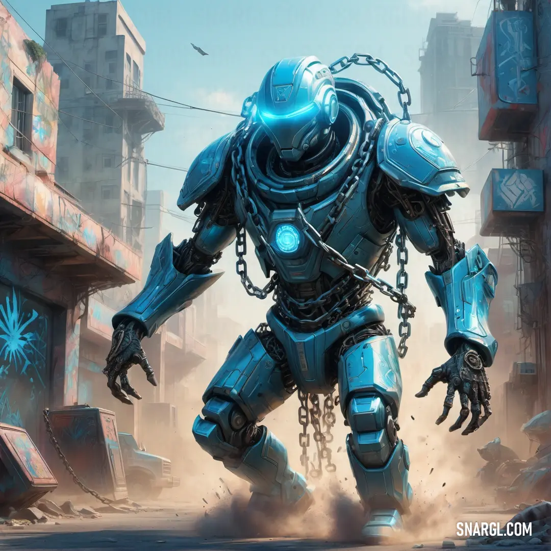 Robot in a futuristic city with chains on his hands and a chain around his neck. Example of PANTONE 7476 color.