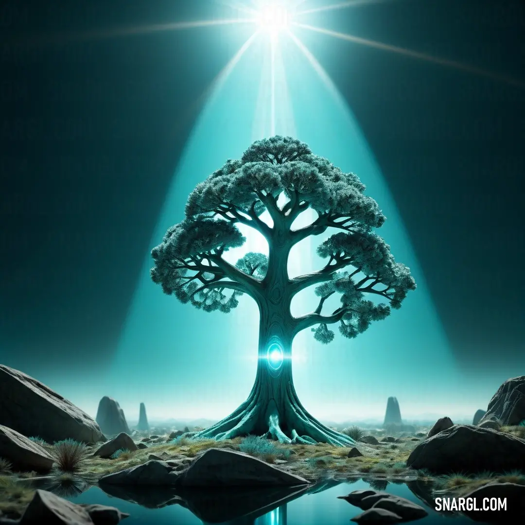 RGB 18,82,91 example: Tree with a bright light shining over it and a body of water below it with rocks and grass