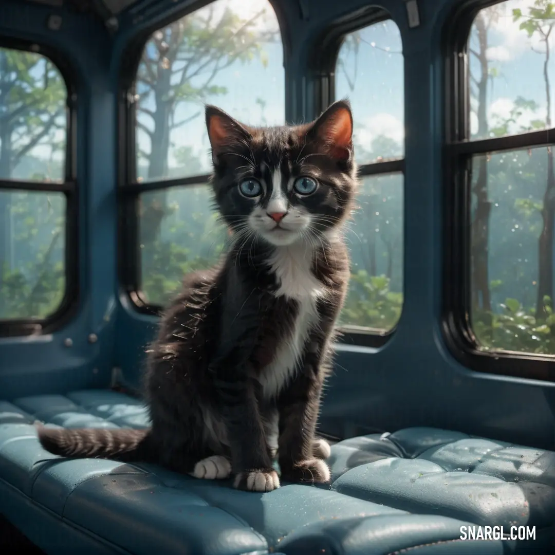 Cat on a seat in a train car looking out the window at the forest outside of the window. Example of #214E5F color.