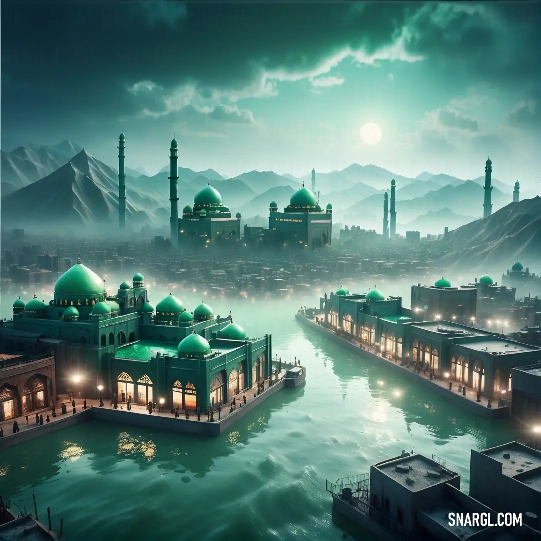 Painting of a city with a river and a mosque in the middle of it at night time with a full moon. Example of RGB 190,218,197 color.