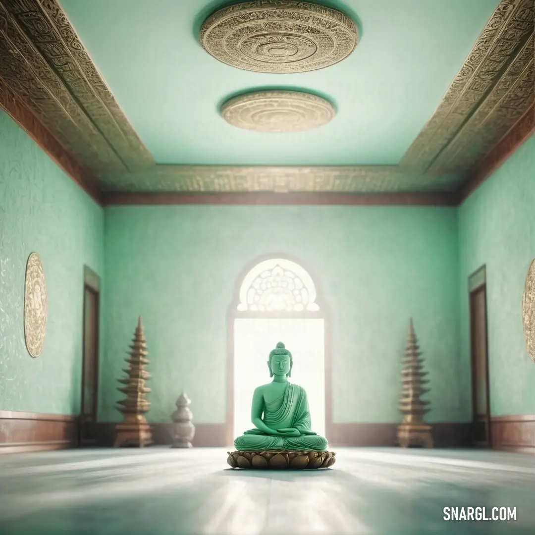Buddha statue in a room with a window and a ceiling fan on the ceiling and a circular light fixture. Color CMYK 56,0,58,0.