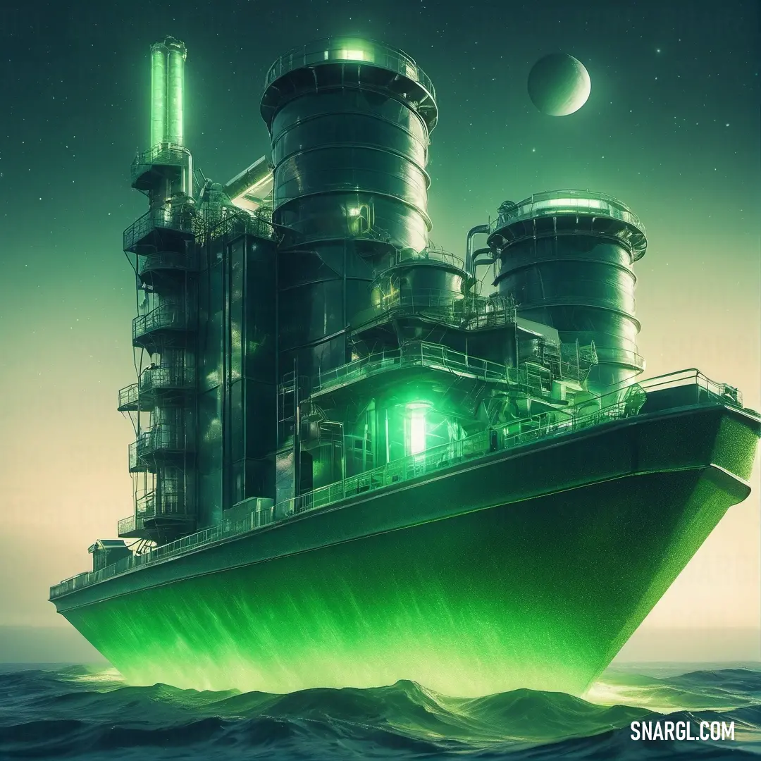 Large green ship in the middle of the ocean with a moon in the sky above it and a moon in the distance. Color CMYK 56,0,58,0.