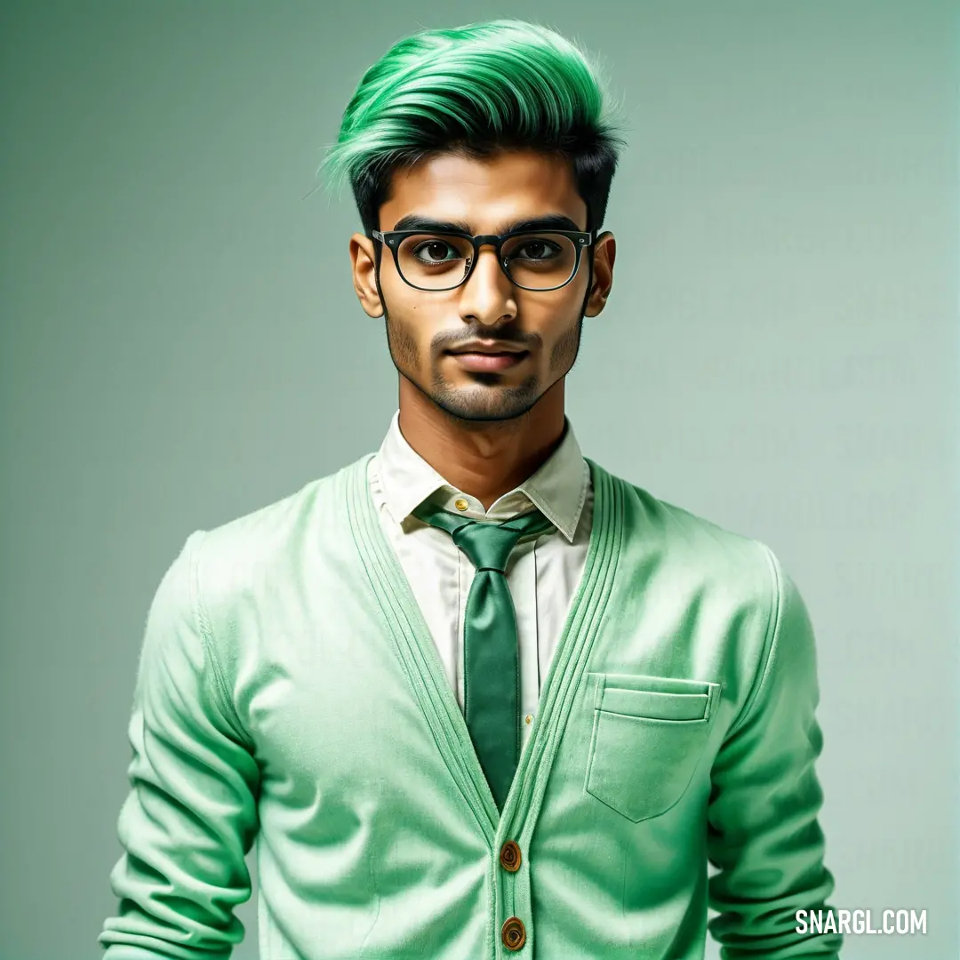 Man with green hair and glasses wearing a green tie and a green cardigan sweater and green pants. Color CMYK 56,0,58,0.