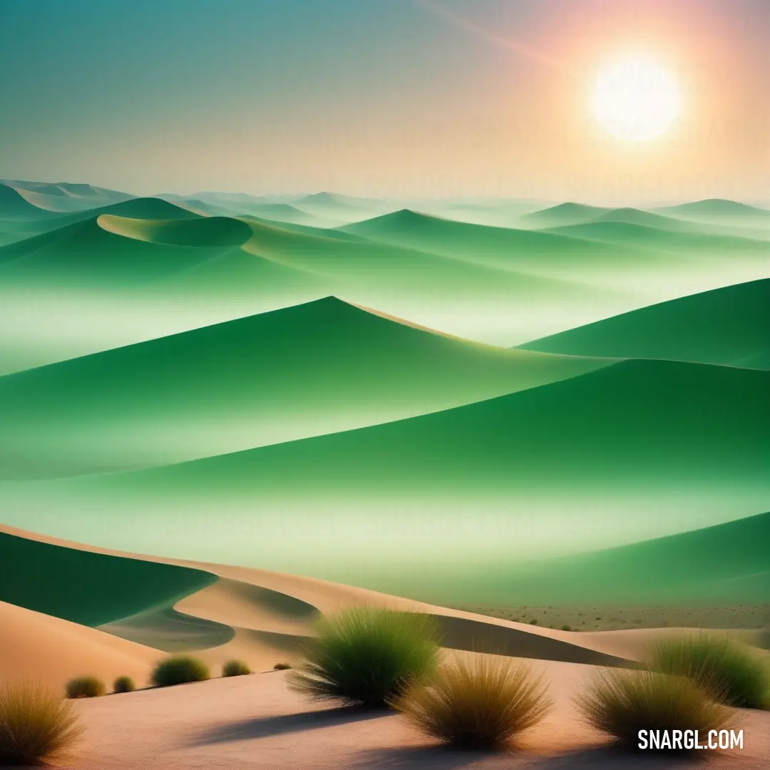 PANTONE 7479 color. Painting of a desert landscape with a sun in the background