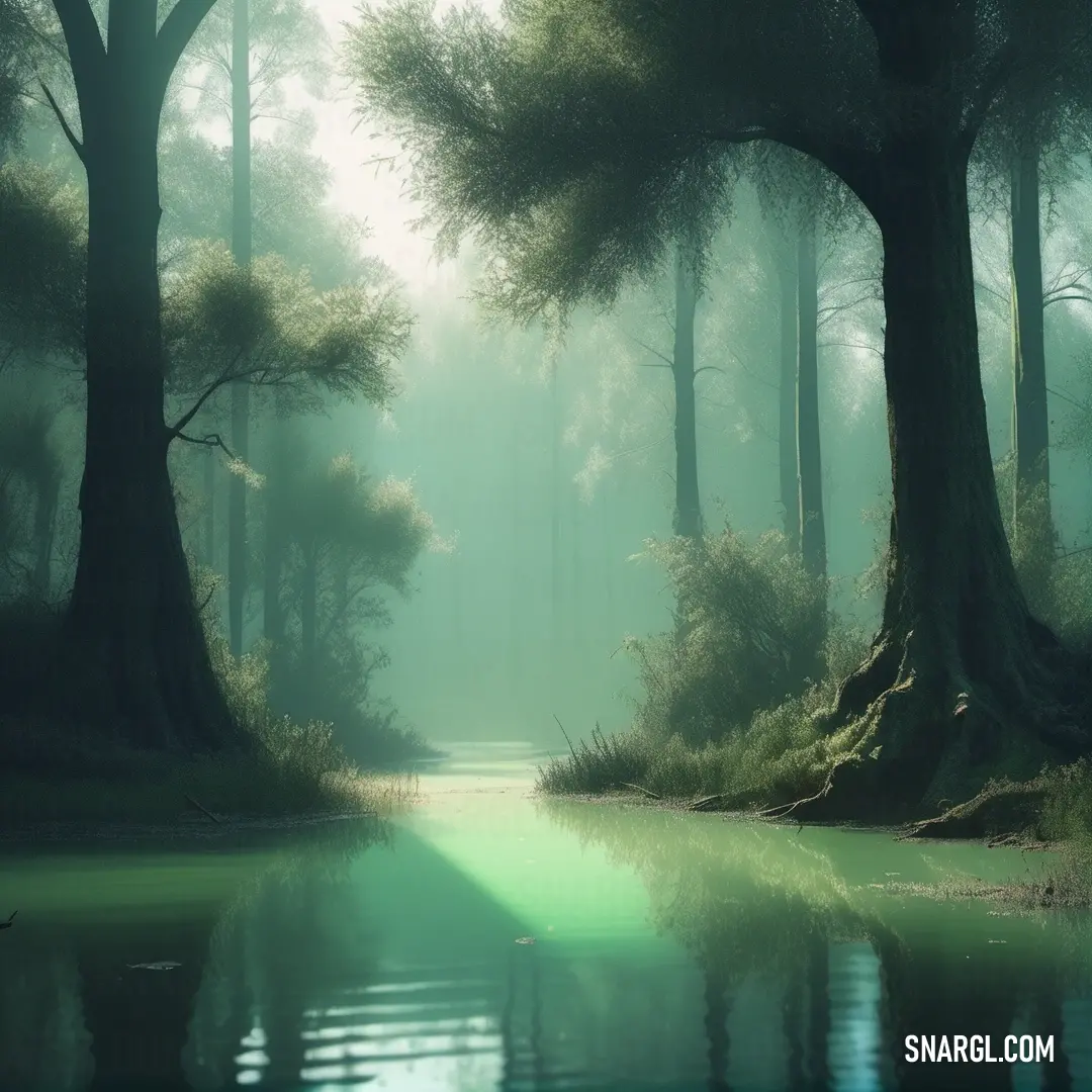 PANTONE 7479 color example: River in a forest with trees and water in the foreground and fog in the background
