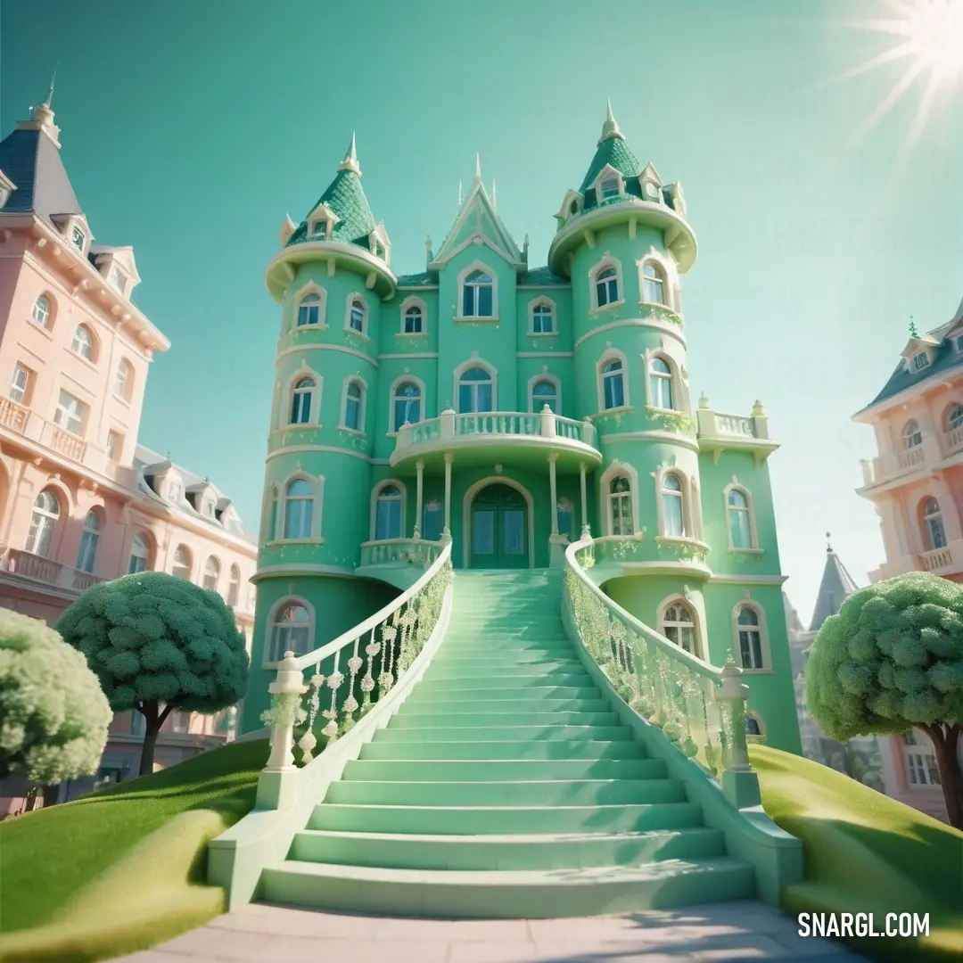 Very large green castle with a staircase leading to it's second floor and second story windows on the second floor