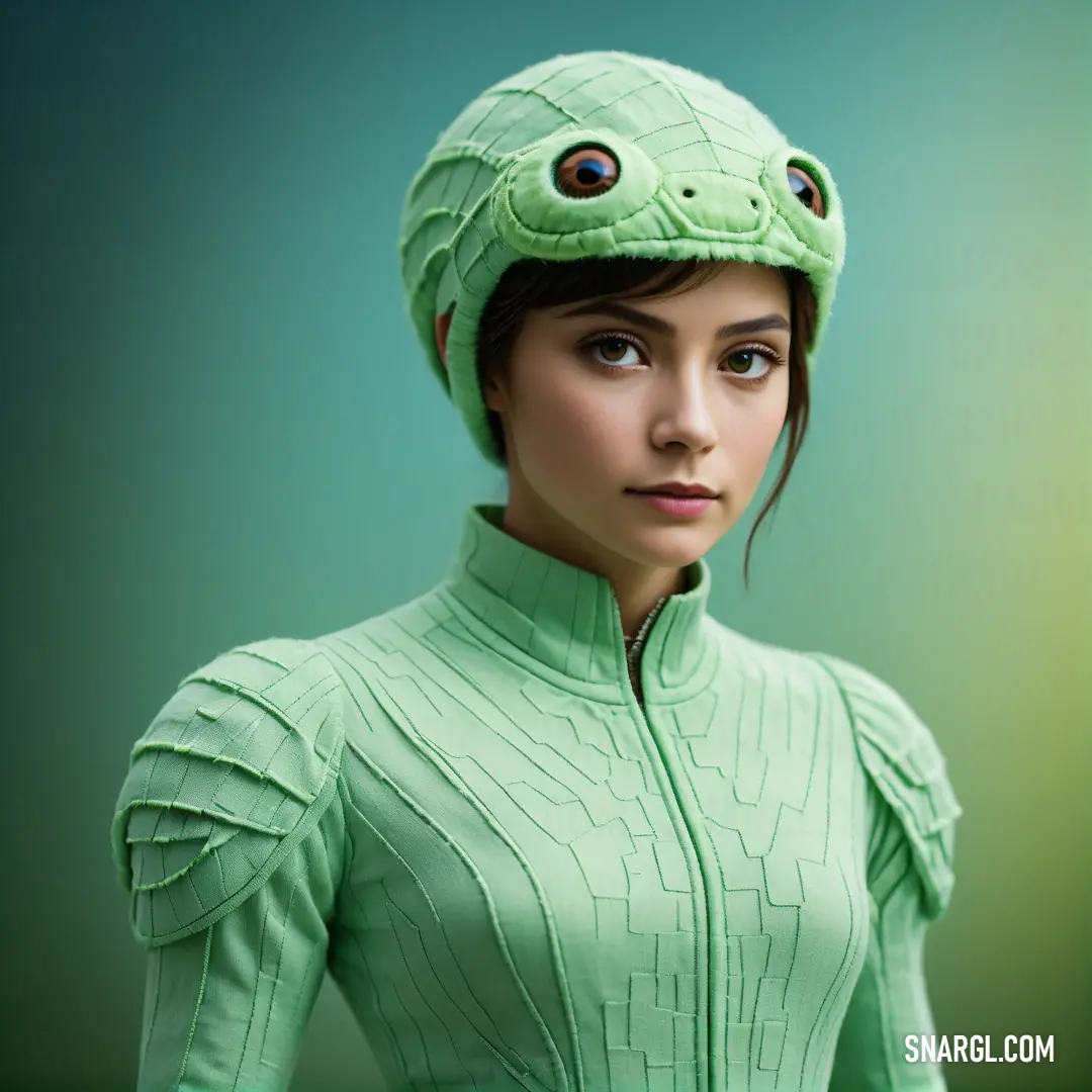 Woman in a green outfit with a green hat on her head and eyes on her head and a green background. Color PANTONE 7479.