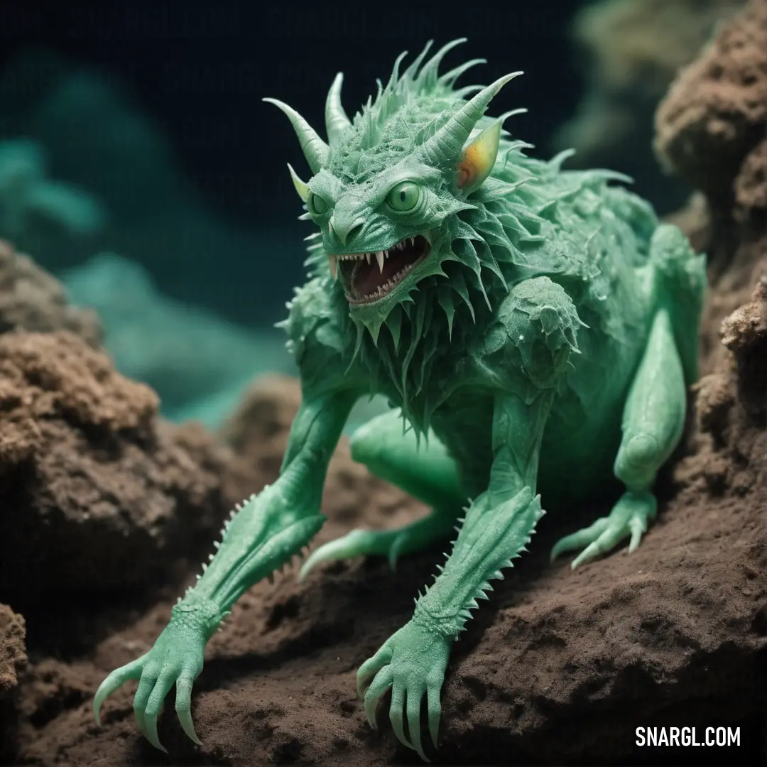 Green creature with horns and eyes on a rock in a cave with other rocks and water in the background. Example of RGB 81,177,124 color.