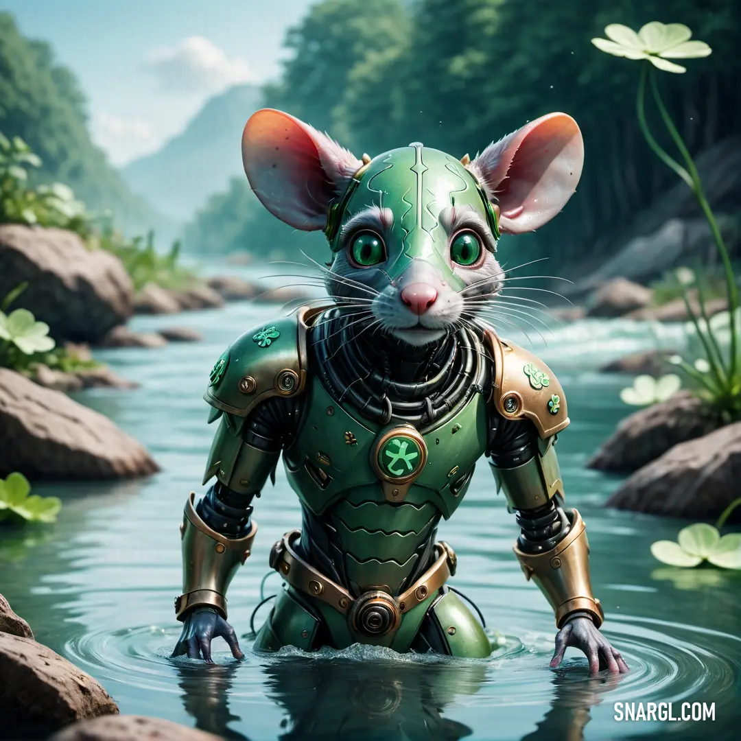 Rat in a body of water with a green suit on and a green helmet on. Color #51B17C.