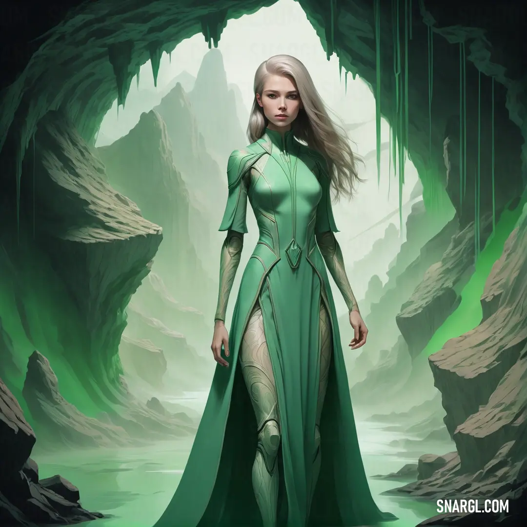PANTONE 7480 color example: Woman in a green dress standing in a cave with a waterfall in the background