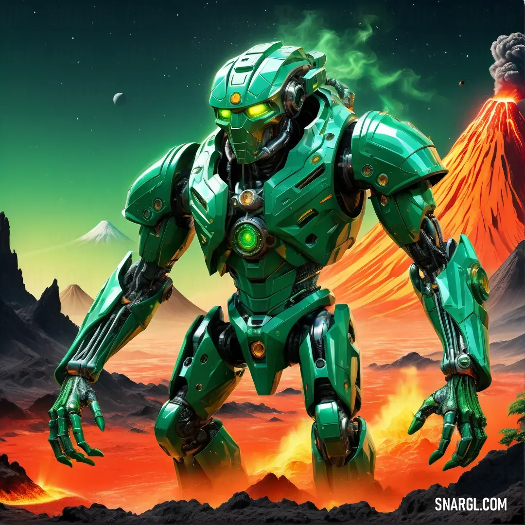Green robot standing in front of a volcano with a green light on it's face and arms. Example of #33AA66 color.