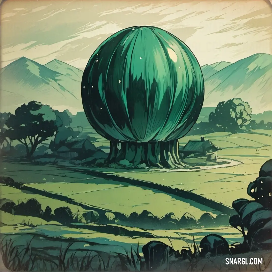 Painting of a large green ball in a field with mountains in the background. Example of PANTONE 7481 color.