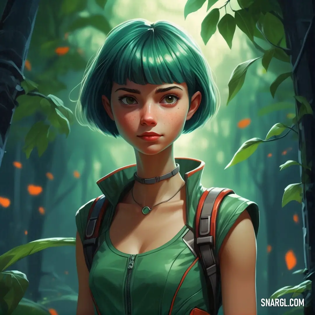 PANTONE 7481 color. Woman with green hair and a backpack in a forest with leaves on the ground