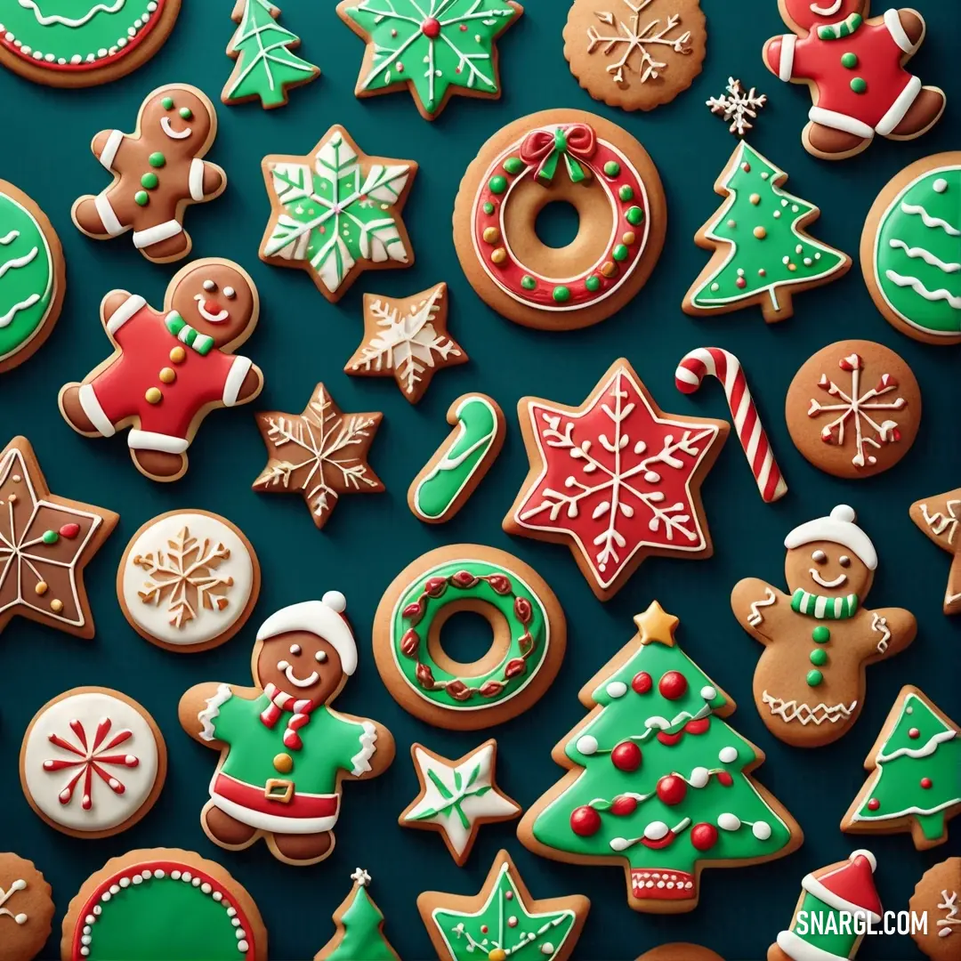 Close up of a bunch of cookies on a table with decorations on it and a christmas tree on the side. Color PANTONE 7482.