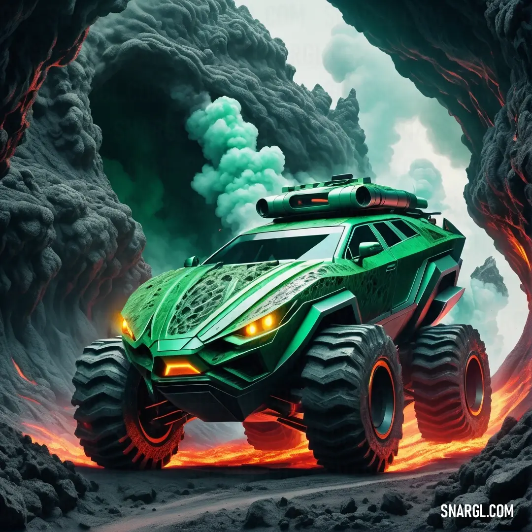 Green monster truck driving through a cave filled with lava and lava rocks with smoke coming out of the back. Example of PANTONE 7482 color.