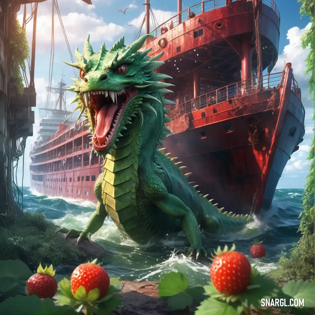 Dragon is attacking a ship in the water with strawberries in front of it and a boat in the background. Example of #295F42 color.