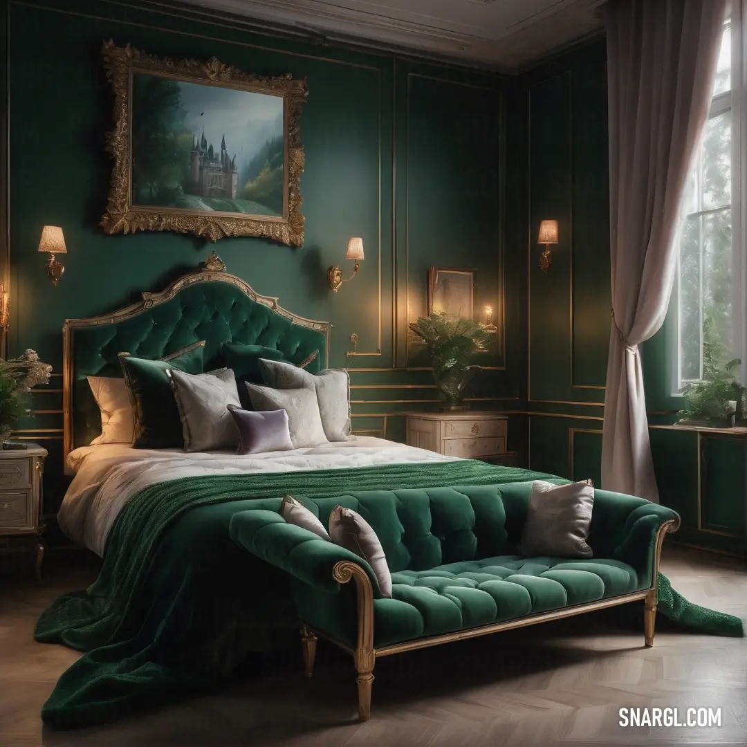 Green bedroom with a green bed and a green chair and a painting on the wall above it and a window. Example of CMYK 82,16,85,56 color.