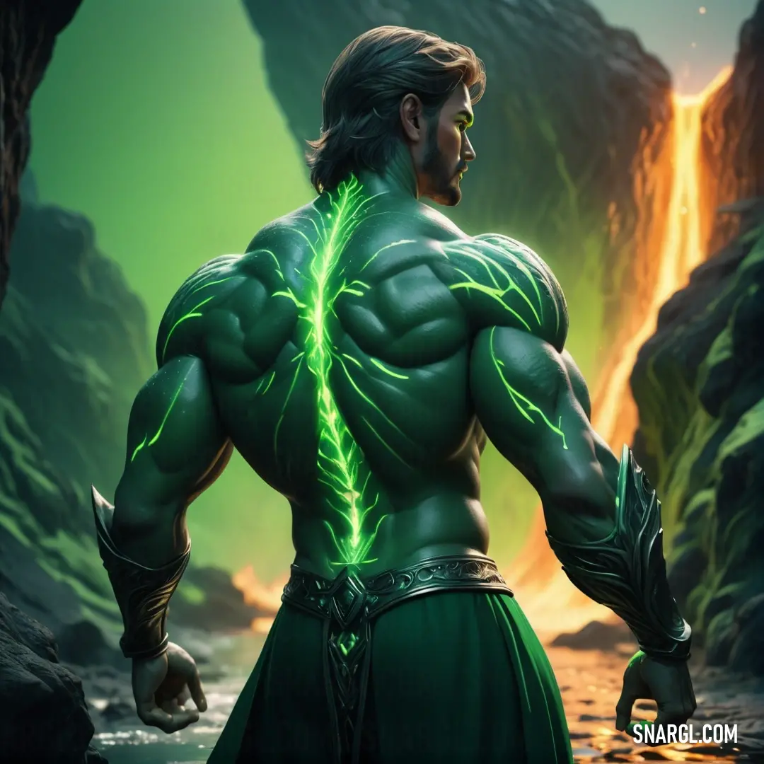 Man with a green lightning costume on standing in a cave with a waterfall in the background