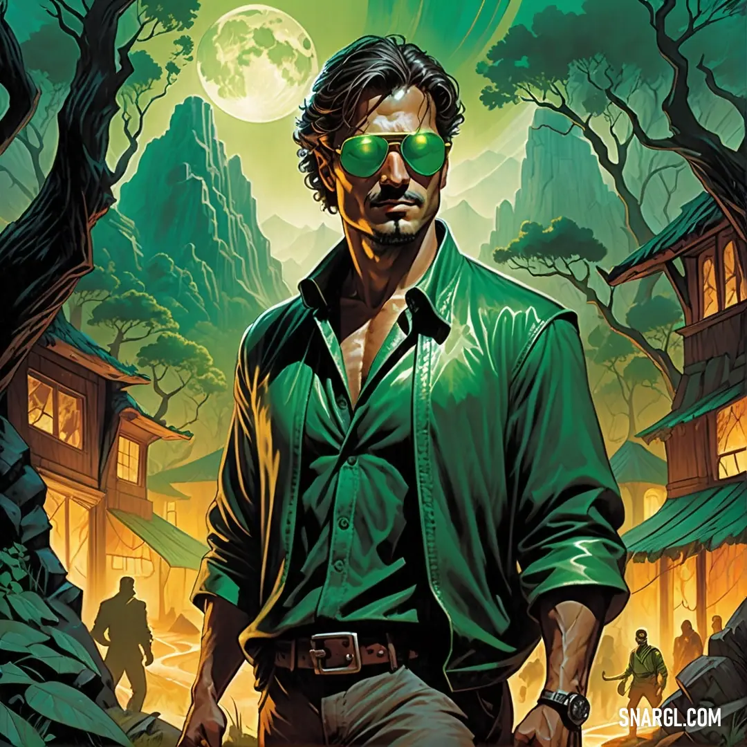 Man in a green shirt and sunglasses standing in front of a forest with a house and a full moon. Example of CMYK 91,14,78,60 color.