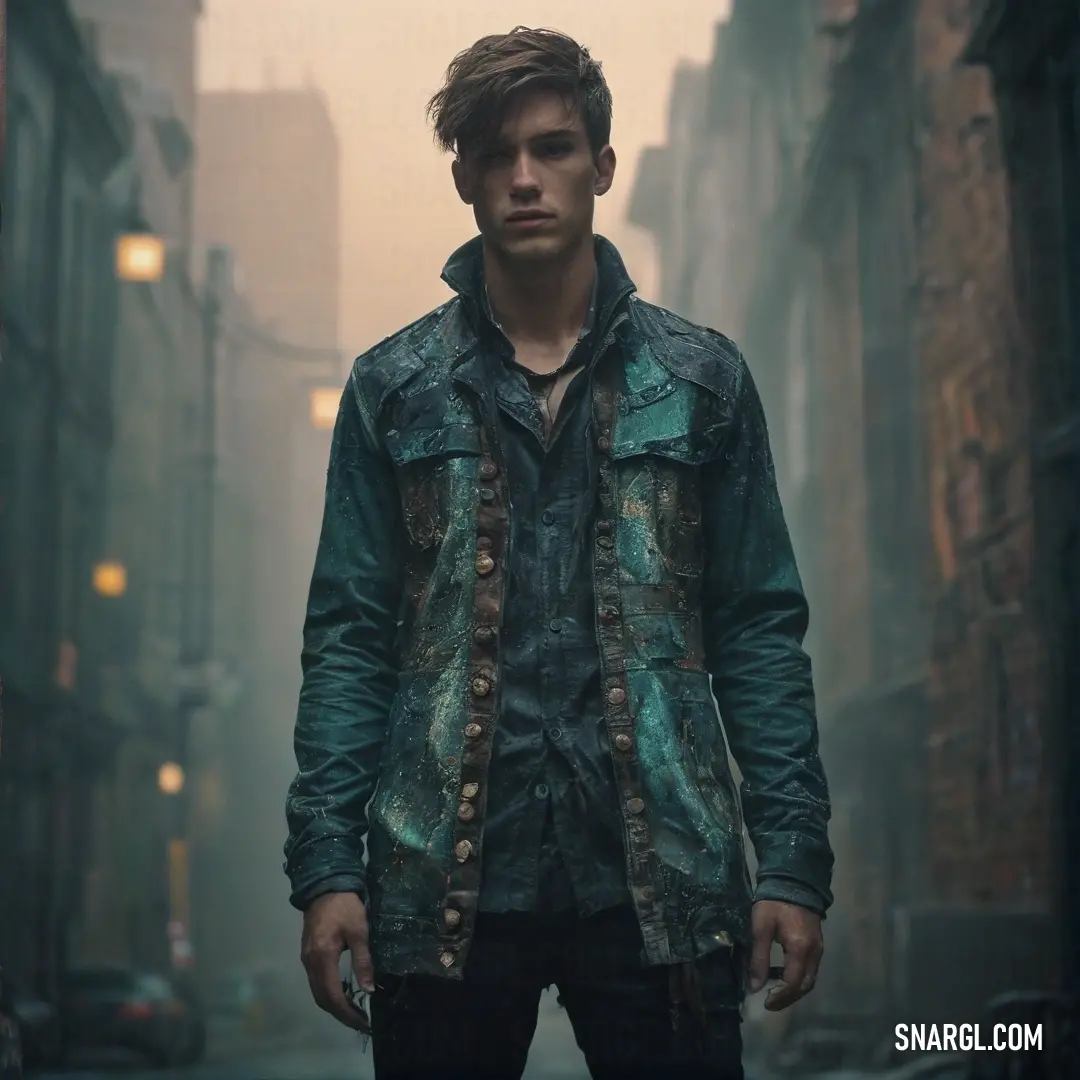 A stylish man confidently strides down a bustling city street, clad in a vibrant green jacket paired with black pants and a coordinating black shirt, perfectly capturing the essence of urban fashion against a backdrop of city life.